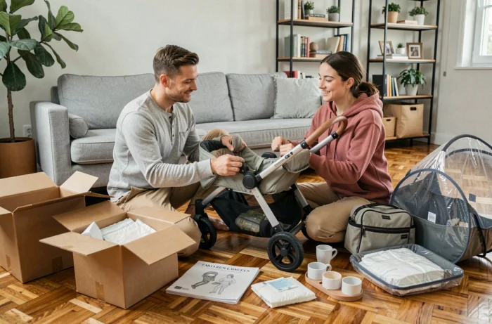 Couple déballant une poussette et des accessoires bébé dans leur appartement