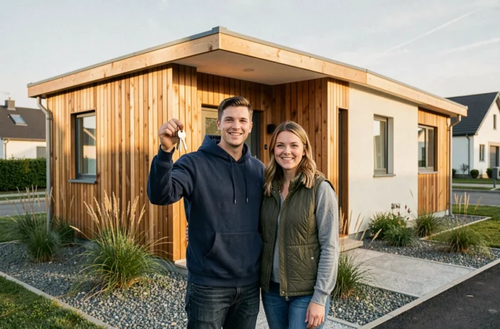 Couple devant leur maison clé en main à ossature bois construite pour 80 000 euros avec finitions modernes et jardin naturel