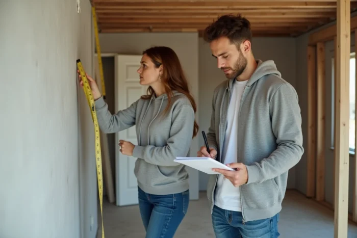 Couple mesurant l'espace d'un futur dressing en cours de rénovation, avec mètre ruban et plan de conception