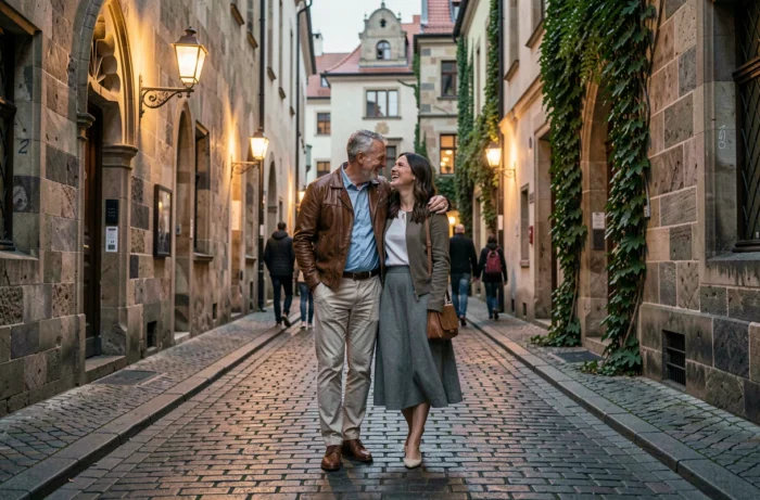 Couple complice se promenant dans les ruelles pavées historiques de Prague au crépuscule
