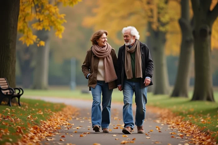Couple de seniors marchant ensemble dans un parc en automne, illustrant l'activité physique et le lien social pour bien vieillir