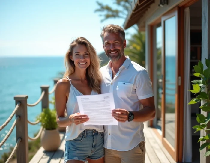 Couple de vacanciers sur la terrasse d'un chalet en bord de mer loué via la plateforme Abritel