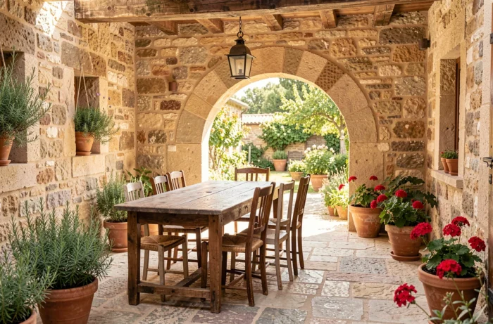 Cour intérieure d'un mas en Provence avec mobilier rustique et arche en pierre, décor typique des séries françaises tournées dans le Sud