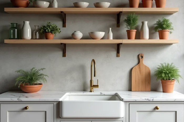 Cuisine tendance avec étagères ouvertes en béton brut, céramiques artisanales, robinet laiton brossé et plan de travail en marbre Calacatta