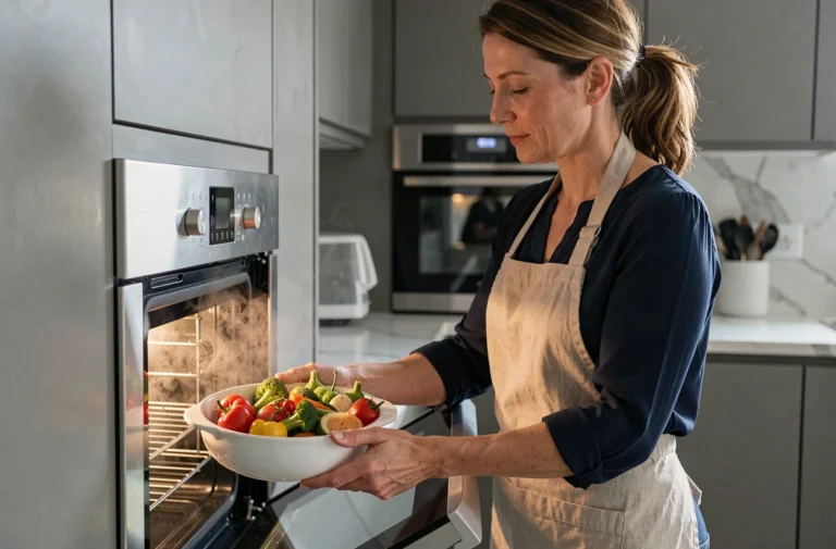 Femme plaçant un plat de légumes dans un four moderne pour une cuisson vapeur parfaite