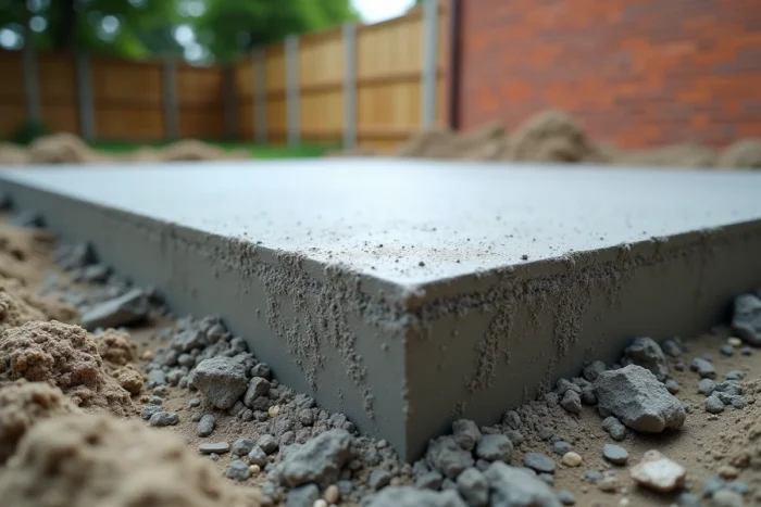 Gros plan sur une dalle en béton fraîchement coulée pour une fondation de terrasse