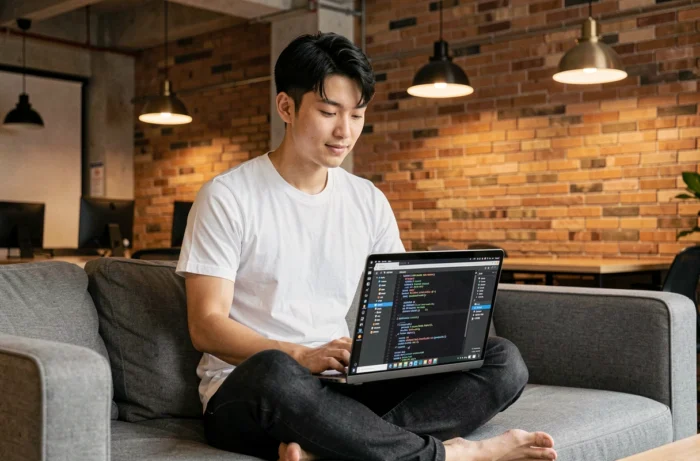 Un développeur chinois travaille sur DeepSeek, le modèle open source chinois, depuis un espace de coworking moderne à Shanghai