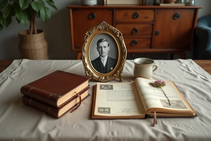 Collection d'objets personnels et documents familiaux anciens évoquant les origines et la biographie d'une personnalité française