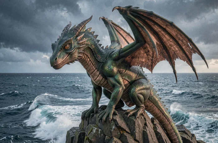 Dragon légendaire aux écailles iridescentes perché sur une falaise côtière avec l'océan tumultueux en arrière-plan