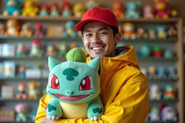 Dresseur tenant une peluche Bulbizarre dans une boutique de jeux Pokémon
