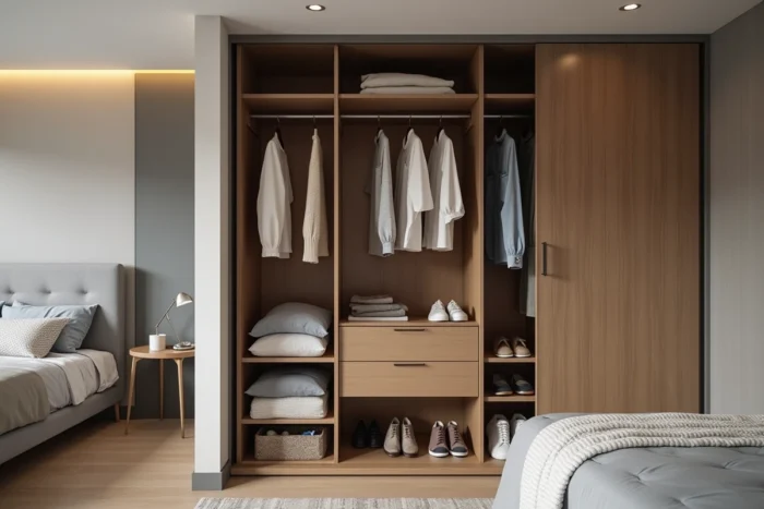 Dressing intégré compact pour deux personnes avec portes miroir coulissantes et rangements optimisés dans une chambre contemporaine