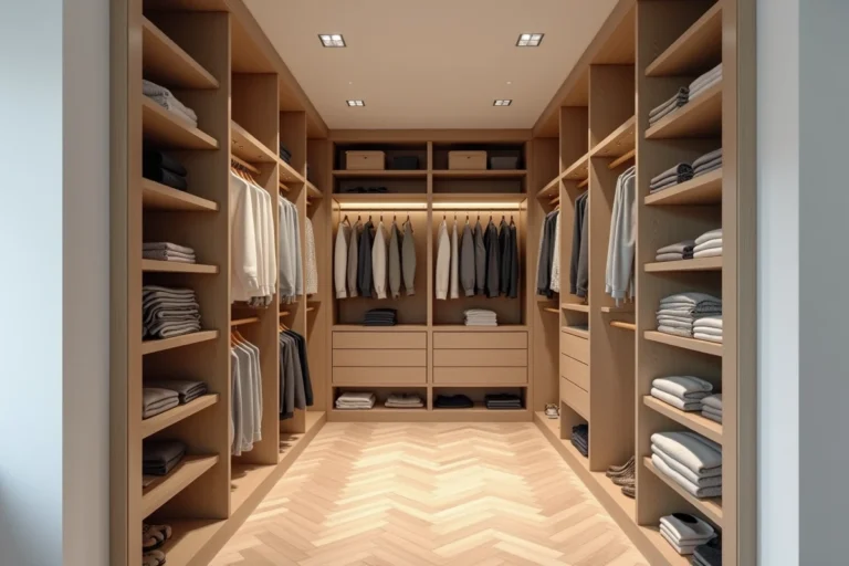 Grand dressing symétrique pour deux personnes avec rangements en bois clair, tringles et étagères organisées dans une chambre moderne