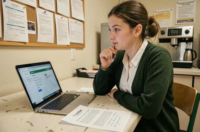 Enseignante configurant sa messagerie AC Versailles sur un ordinateur portable dans une salle des professeurs