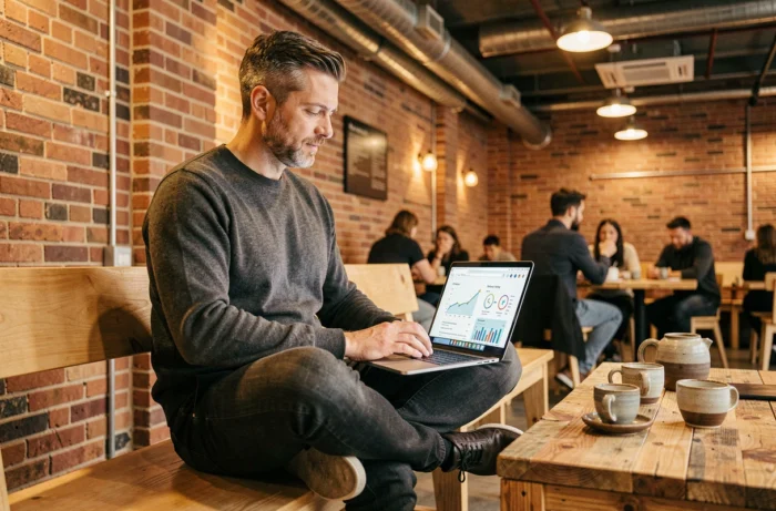 Entrepreneur consultant en marketing digital travaillant sur sa stratégie de contenu et tendances réseaux sociaux dans un café co-working
