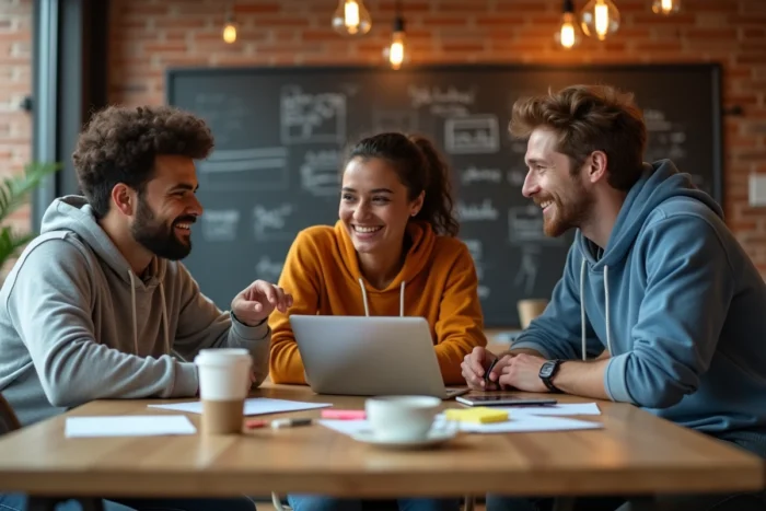 Jeunes professionnels en réunion collaborative autour de technologies numériques dans un espace de coworking moderne
