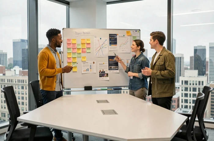 Équipe de professionnels en marketing digital collaborant sur une stratégie de tendances et campagnes digitales dans une salle de réunion moderne