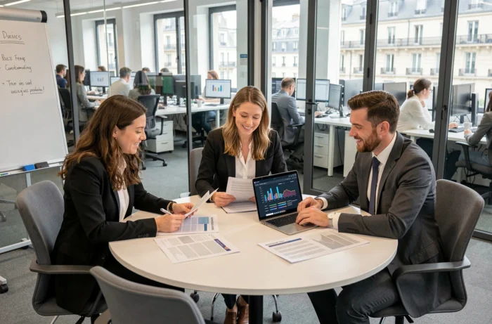 Équipe de professionnels des médias français en réunion autour des tendances et actualités du secteur médiatique