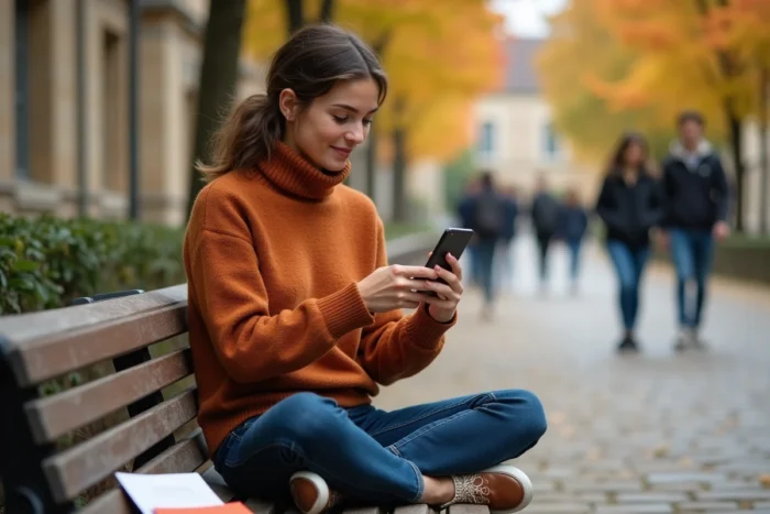 Étudiante consultant l'application Crous sur son téléphone en plein air sur un campus universitaire français
