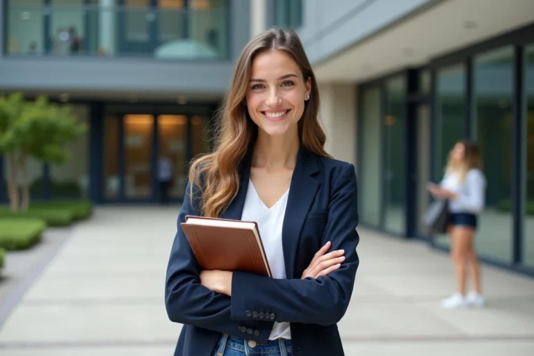 Étudiante souriante devant le campus de Kedge Business School Bordeaux tenant un carnet, illustrant l'investissement dans une formation d'excellence