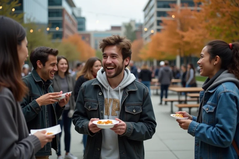 Groupe d'étudiants réunis en plein air lors d'un événement festif sur le campus universitaire du Rhin