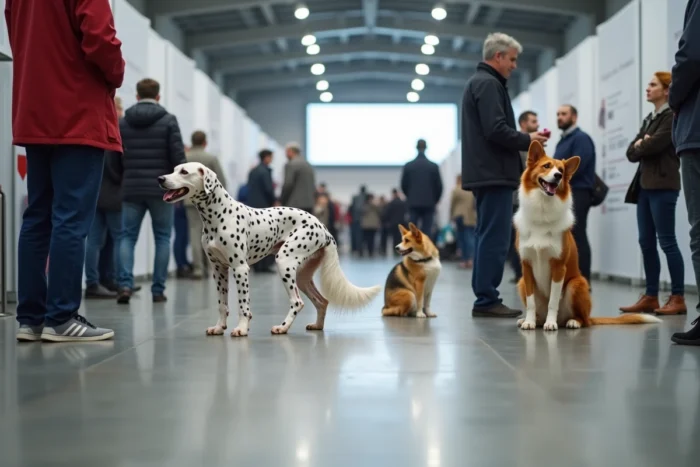 Exposition canine en intérieur avec plusieurs races de chiens et leurs propriétaires, ambiance organisée de salon canin professionnel