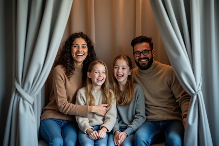 Famille souriante prenant des photos dans une cabine photo Leclerc lors d'une session conviviale