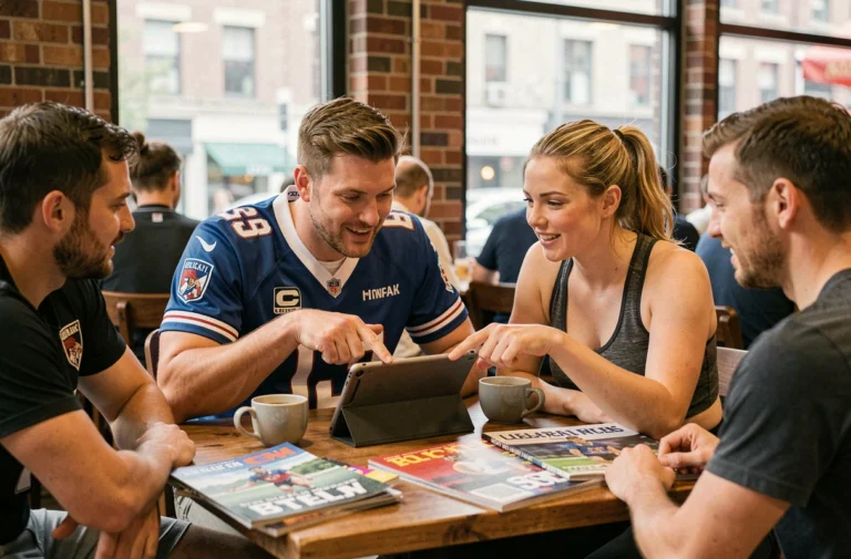 Des fans de sport consultent l'actualité sportive sur une tablette dans un café