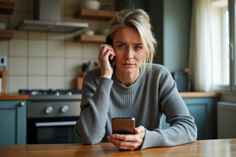 Femme méfiante regardant un appel suspect sur son smartphone avec l'indicatif 33 3 77 dans une cuisine moderne