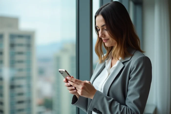 Femme consultant son compte FDJ sur smartphone dans un appartement moderne