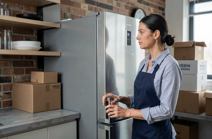 Femme attendant devant un réfrigérateur redressé en regardant l'heure avant de le rebrancher