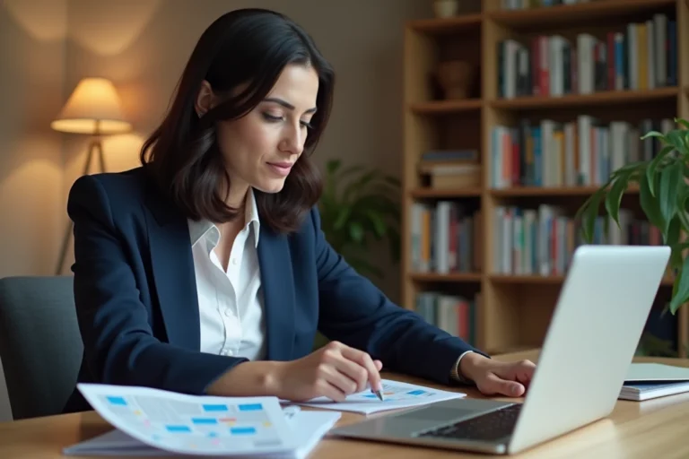 Femme professionnelle comparant des brochures de formation et un portail e-learning sur son bureau à domicile