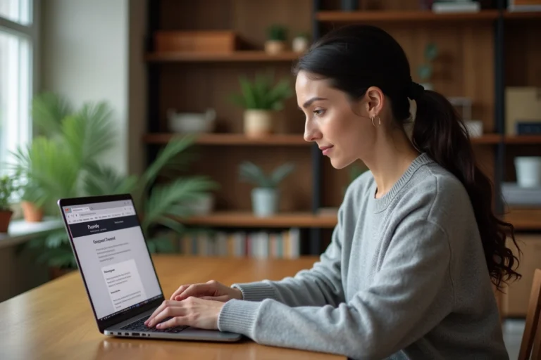 Femme consultant un sitemap de site familial sur un ordinateur portable dans une cuisine chaleureuse