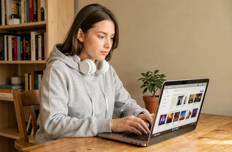 Jeune femme utilisant un convertisseur YouTube MP3 sur son ordinateur portable pour créer une playlist musicale