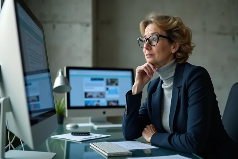 Femme professionnelle pensive face à un écran d'ordinateur symbolisant la révolution numérique et la transition technologique