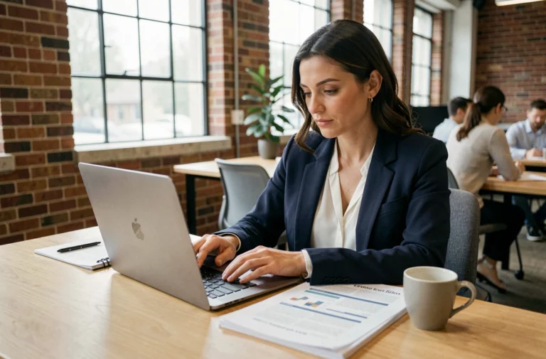 Femme professionnelle suivant une formation en ligne dans un espace de coworking moderne
