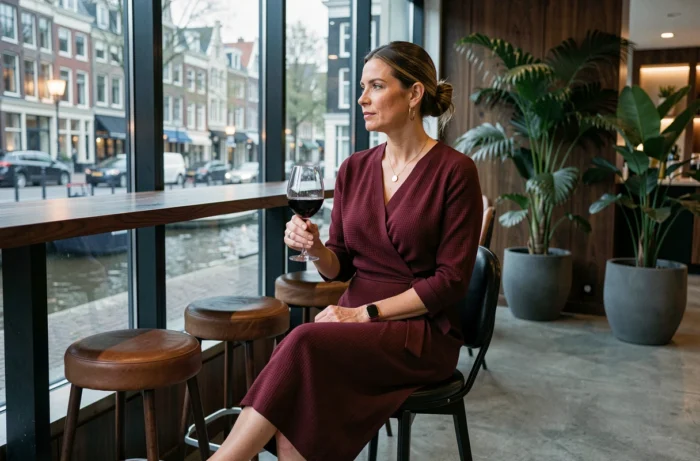 Femme élégante seule au bar d'un hôtel design à Amsterdam avec vue sur canal