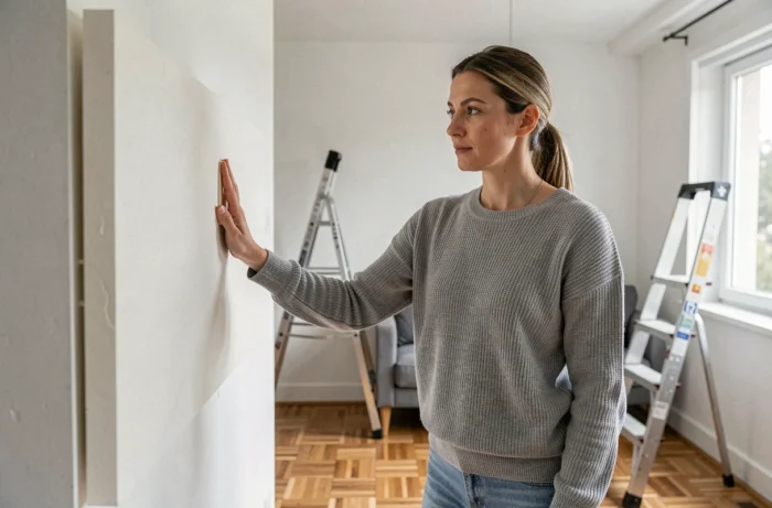 Femme inspectant un isolant mince fixé sur un mur intérieur dans un salon en cours de rénovation