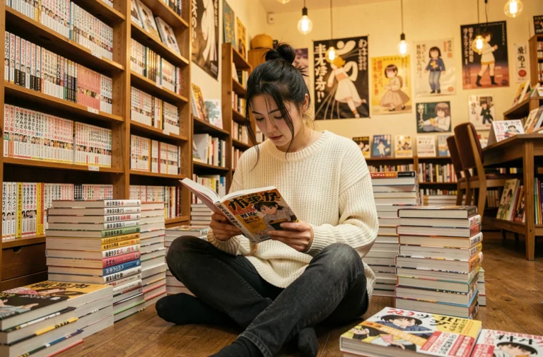 Jeune femme lisant un manga dans une librairie spécialisée entourée de nombreux volumes de mangas célèbres