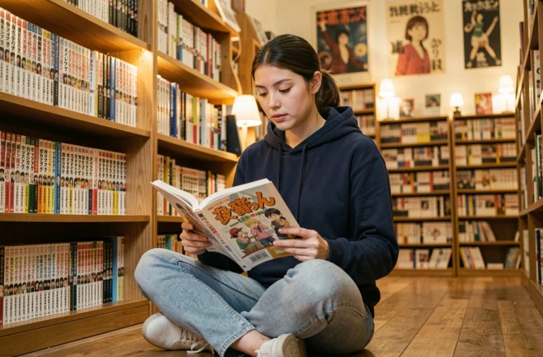 Jeune femme lisant un manga célèbre dans une librairie japonaise spécialisée, entourée de rayonnages remplis de mangas