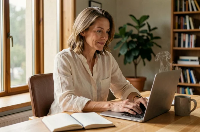 Femme épanouie au bureau retrouvant sa motivation au travail avec un carnet et un café