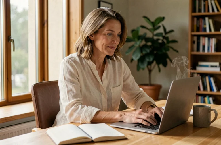 Femme épanouie au bureau retrouvant sa motivation au travail avec un carnet et un café