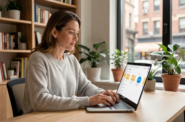 Femme utilisant Microsoft OneDrive sur un ordinateur portable dans un bureau à domicile moderne