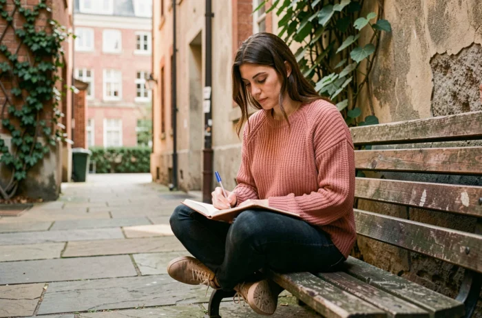 Femme écrivant dans un journal intime en pause extérieure, retrouver sens et épanouissement au travail