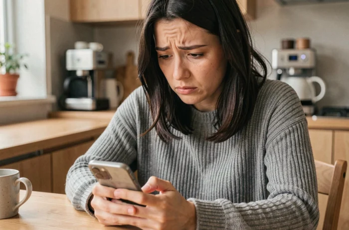 Femme perplexe regardant son smartphone affichant WhatsApp à la table de sa cuisine, cherchant à comprendre si elle a été retirée d'un groupe