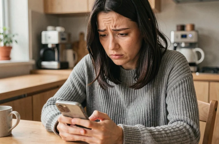 Femme perplexe regardant son smartphone affichant WhatsApp à la table de sa cuisine, cherchant à comprendre si elle a été retirée d'un groupe