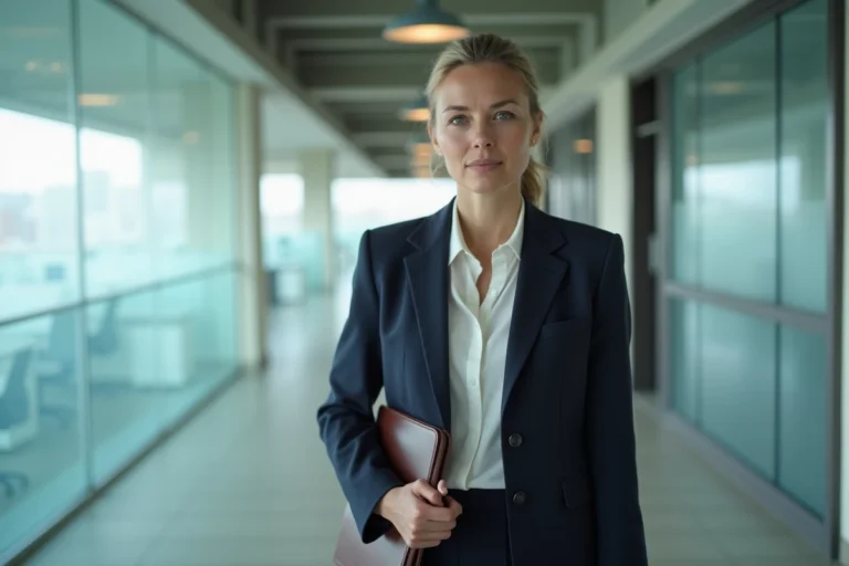 Femme politique en costume marine dans un couloir institutionnel moderne, symbolisant la frontière entre vie publique et vie privée