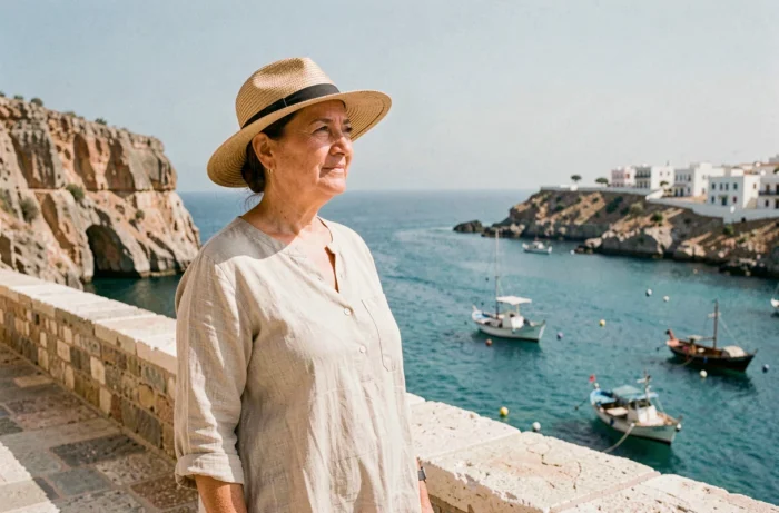 Femme algérienne en chapeau de paille contemplant la mer Méditerranée depuis la promenade de Zemmouri El Bahri