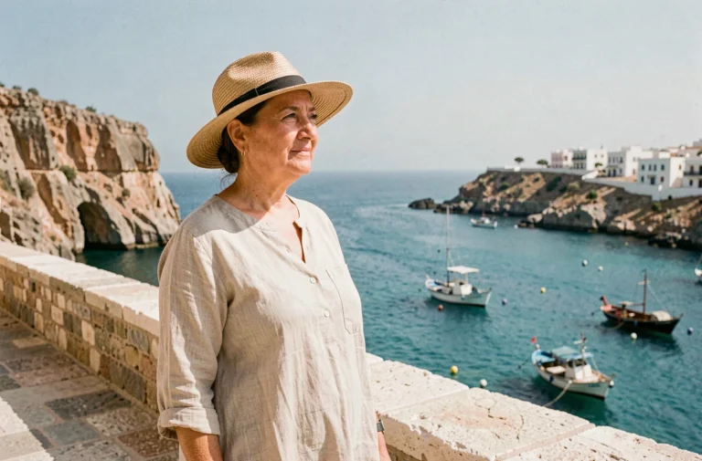 Femme algérienne en chapeau de paille contemplant la mer Méditerranée depuis la promenade de Zemmouri El Bahri