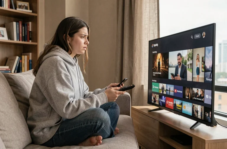 Jeune femme cherchant une alternative de streaming sur sa télévision et son smartphone depuis son canapé