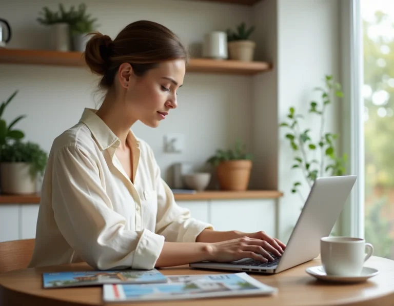 Femme consultant la plateforme Abritel sur son ordinateur portable pour planifier des vacances en location saisonnière
